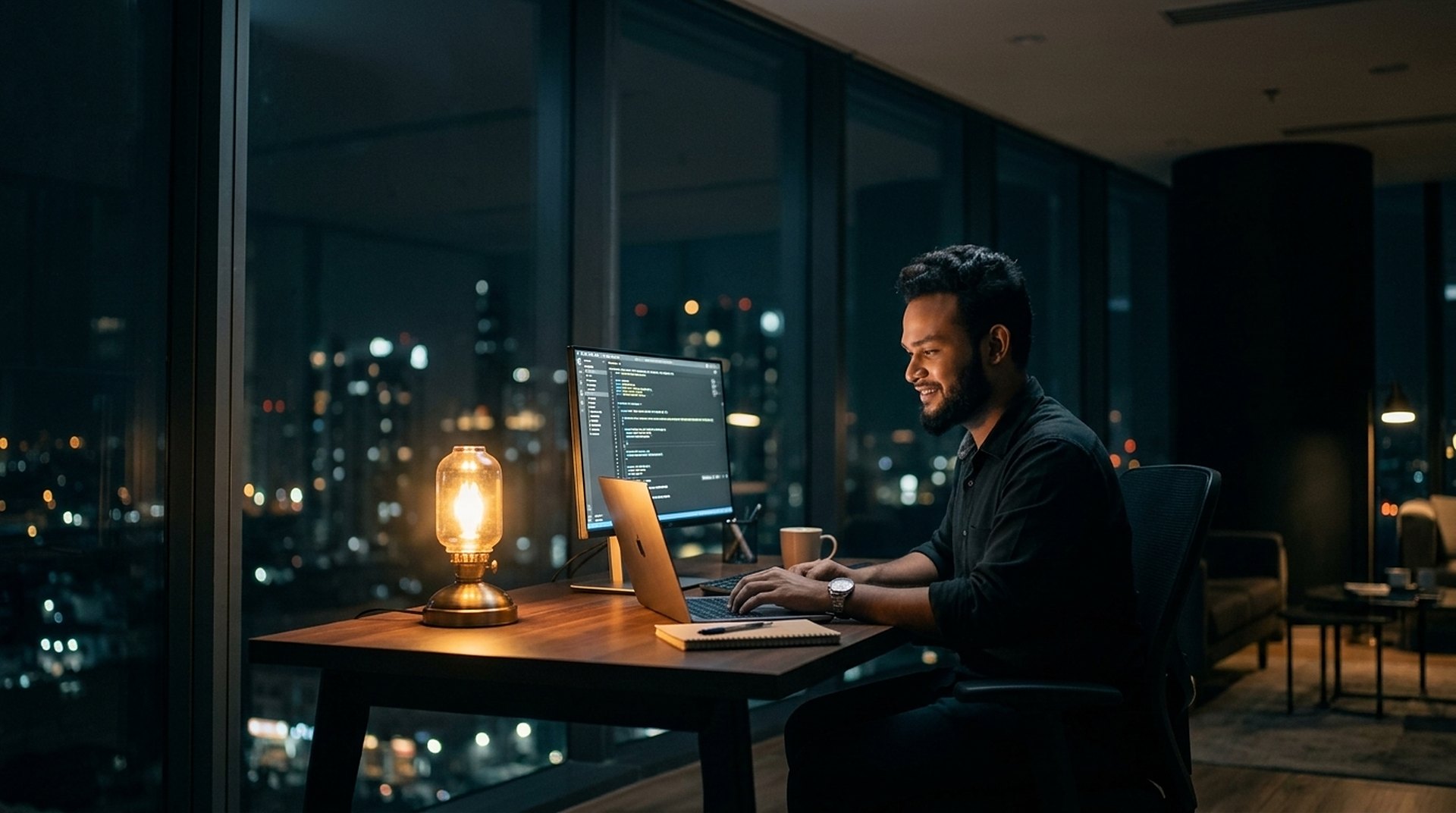 Sajid Islam at his workstation, turning requirements into working software